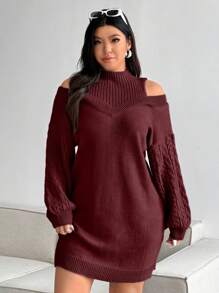 Flirla 流行热销大码女式灯笼袖舒适柔软灰色针织高领露肩性感细节毛衣连衣裙，适合冬季新年服装 - 紅色 - 查看 5