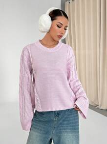 Flirla Jersey de cuello redondo de manga larga con trenzado minimalista y dulce para mujer en invierno, color rosa
