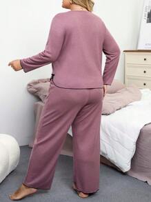 Plus Size Embroidery Waffle Knit Long Sleeve Sleepwear Set - Dusty Pink - View 2