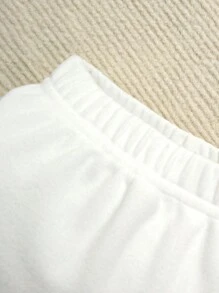 SHEIN 2 件套男婴舒适保暖简约棕熊刺绣长袖连帽连体衣和裤子家居服套装，羊毛 - 寶藍色 - 查看 3