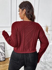 Flirla Große Größen Damen Twist Seil Zopf Kordelzug Strickpullover Strickpullover Herbst Winter Pullover - Bordeaux - Übersicht 2