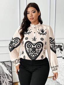 Flirla Plus Size Front Button Closure Long Sleeve Floral Print Casual Top - Apricot - View 6