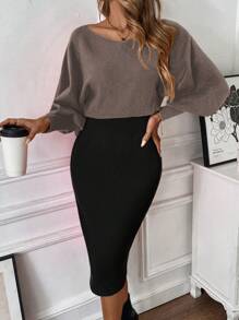 Chiquease 1 件女士纯色斜肩长袖休闲毛衣连衣裙 - 摩卡棕 - 查看 5