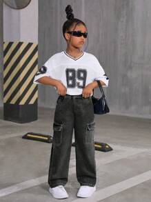 Sparklyn Tween Girl All-Match Casual Fashion Loose Fit Wide Leg Washed Cargo Denim Pants Summer Holiday - Black - View 4
