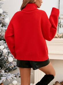 SHEIN LUNE 圣诞高领麋鹿图案红色针织休闲通勤优雅街头装保暖打底衫女式套头毛衣，秋冬 - 紅色 - 查看 2