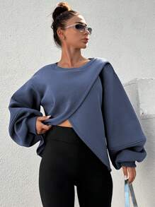 RueChic Solid Drop Shoulder Wrap Sweatshirt - Dark Grey - View 3
