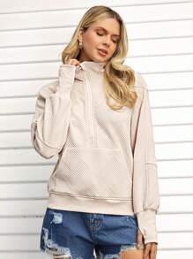 SHEIN LUNE Women's Comfort Polo Collar Metal Zipper Half-Placket Pocket Texture Casual Athletic Home Warm Pullover Sweatshirt For Fall Winter - Apricot - View 5