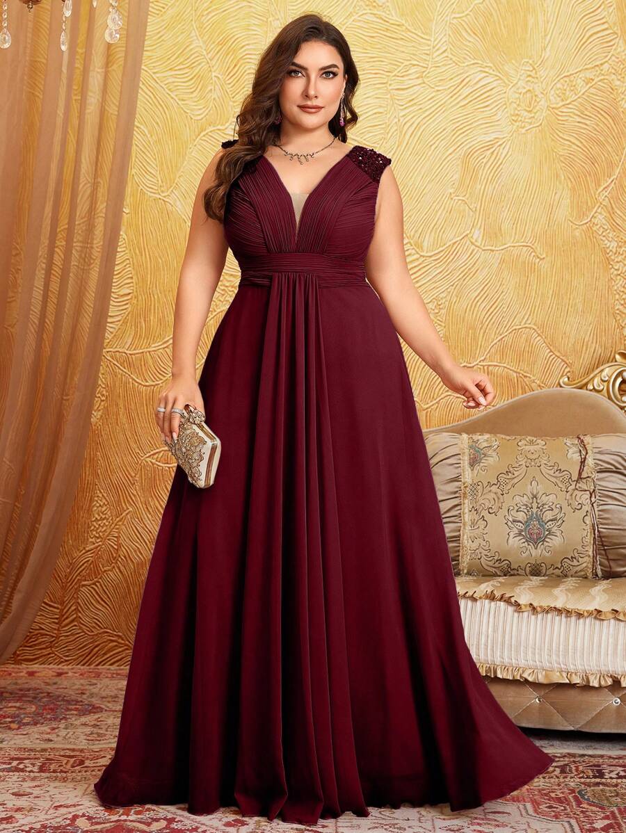 Plus Size V-Neckline Dress With Shoulder Design, Elegant And Minimalistic High-End Embroidered Tulle And Pleated Maxi Evening Gown Bridesmaid Dress, Birthday Women Outfits, Graduation Dress, Formal Dress - Màu Đỏ Sâu - Xem 1
