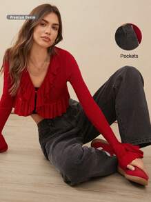 WESTFADE Jeans rectos de cintura media de algodón de mezclilla premium de los años 90 - Negro - Ver 9