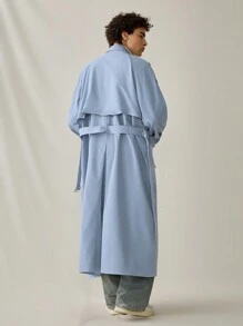 Manfinity VCAY 男士时尚休闲长款双排扣梭织风衣，适合秋冬 - 淺藍色 - 查看 2