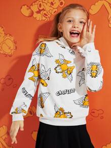 GARFIELD | SHEIN Áo nỉ trùm đầu dễ thương thường ngày có hình cánh và chữ cái hoạt hình cho bé gái tuổi teen - trắng - Xem 3