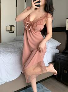 DAZY Romantic Mesh Lace Patchwork Ruffle Trim Spaghetti Strap Nightdress Pajama - Coral Pink - View 3