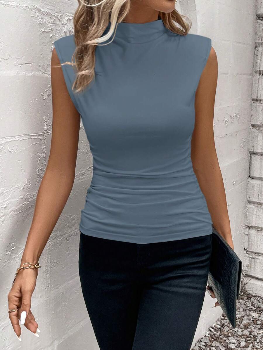SHEIN Clasi 女士纯色立领宽肩带简约吊带背心，休闲日常穿着 - 霧霾藍 - 查看 1