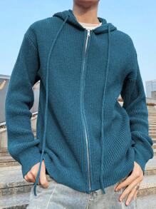 Manfinity Hypemode Men's Plain Front Zip Long Sleeve Minimalist Hoodie, Casual Daily Wear