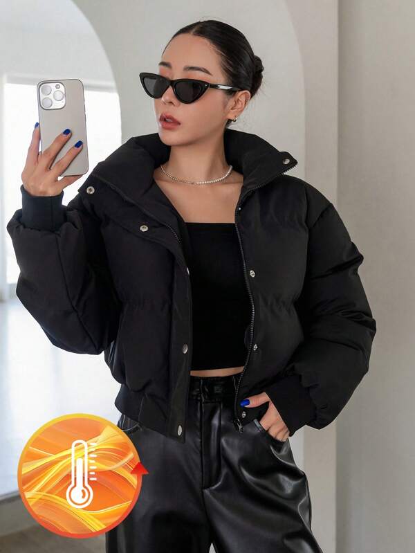 DAZY Women's Solid Color Stand Collar Short Padded Coat, Winter Jacket