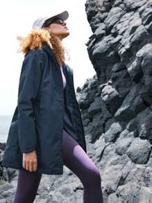 In My Nature 1 件女士纯色前拉链长袖字母印花口袋户外雨衣 - 藏蓝色 - 查看 9