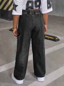Sparklyn Tween Girl All-Match Casual Fashion Loose Fit Wide Leg Washed Cargo Denim Pants Summer Holiday - Black - View 2