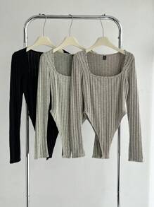 SHEIN BASICS 女式休闲纯色针织方领长袖修身紧身衣 - 彩色 - 查看 3