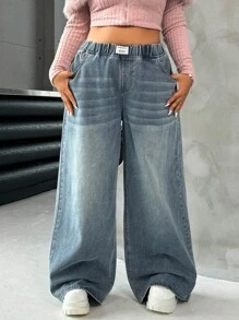 SHEIN ICON Plus Size Blue Loose Wide-Leg Boyfriend Jeans, Streetwear Style, Fall Women Clothes - Medium Wash - View 3