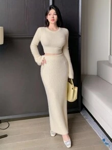 DAZY 2pcs Women Elegant Minimalist Solid Color Bodycon Long Sleeve Sweater And Skirt Suit Set, Autumn/Winter,Fall Women Clothes - White - View 9