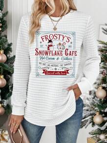 SHEIN LUNE Comfortable White Christmas Pattern Round Neck Plaid Design Hoodie With Arched Hem And Side Slits, For Autumn & Winter - White - View 5