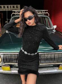 SHEIN Vestido negro elegante y casual con cuello alto de lentejuelas, dobladillo con borde de piel, silueta ajustada, adecuado para fiesta y uso diario, otoño, para niñas y adolescentes