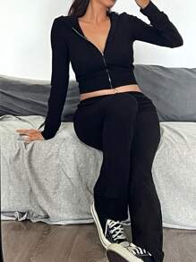 INAWLY 2pcs Women Solid Color Zip-Front Long Sleeve Top & Pants Casual Set