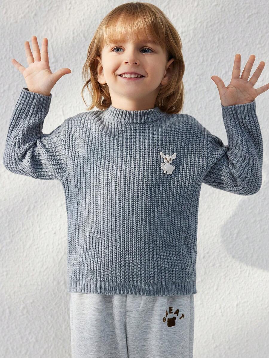 Blossori Young Boy Embroidered Stand Collar Casual Versatile Long Sleeve Pullover Sweater - Grey - View 1