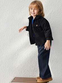 Blossori Kleine Jungen Mantel Einfarbig mit Fellkragen und Pattentaschen - Schwarz - Übersicht 7