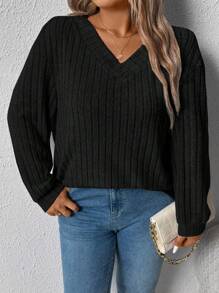 Plus Size Women Wide Ribbed V-Neck Casual Loose Pullover Sweatshirt, Suitable For Autumn/Winter Graduation,Back To School Outfits,Graduation,Teacher Outfits For Women,Back To School