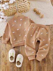 SHEIN Genkimix Kids Baby Boy Khaki Dinosaur Print Round Neck Long Sleeve Sweatshirt And Pants Casual Set, Autumn/Winter - Khaki - View 2