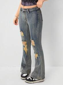 SHEIN Teen Girl Y2K Boho Adjustable Waist Destroy Stretchy Boo Cut Jeans - Bronze - View 6