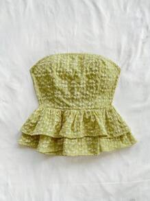 Soleia 女人度假女士休闲鹅黄色提花系带露背荷叶边抹胸夏季可爱午餐休闲返校黄色上衣 - 綠色 - 查看 3