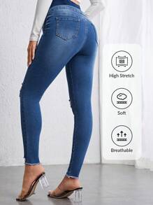 SHEIN 孕妇可调节腰部破洞毛边紧身牛仔裤妈妈牛仔裤 - 深色水洗藍 - 查看 4