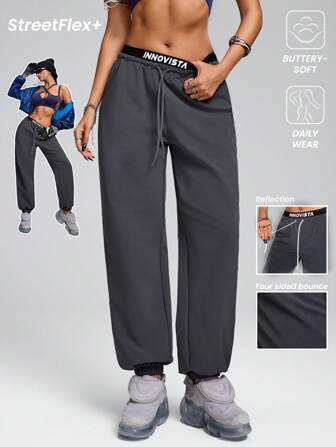 Innovista Laufhose mit kontrastfarbigem, elastischem, reflektierendem Bund, Taschen, Sportzughose, Freizeitoutfit, Trainingsanzug, Damen Sporthose, Jogginghose, Hose mit elastischem Bund, weite Hose, gestapelte Jogginghose, Herbstoutfit für Damen, für Outdoor, Outdoor Hose