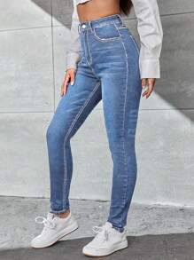 SHEIN Essnce Zipper Fly High Waist Skinny Jeans - Medium Wash - View 3