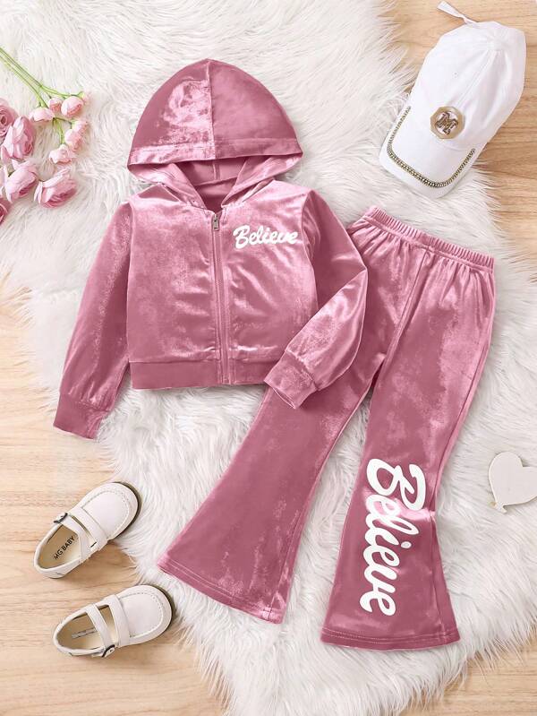 2pcs Young Girl Fashion Casual Letter Print Zip-Up Hoodie Jacket And Flare Pants Set, Autumn