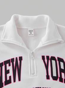 SHEIN Set de 2 piezas para niñas preadolescentes que incluye sudadera con cuello alto con estampado de letras y gráficos forrada térmicamente, y leggings negros para deporte, para otoño/invierno