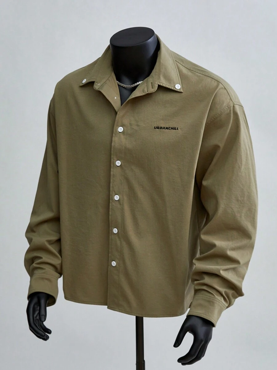 Manfinity VCAY 1 件男士编织休闲宽松长袖衬衫，时尚年轻 - 軍綠色 - 查看 1