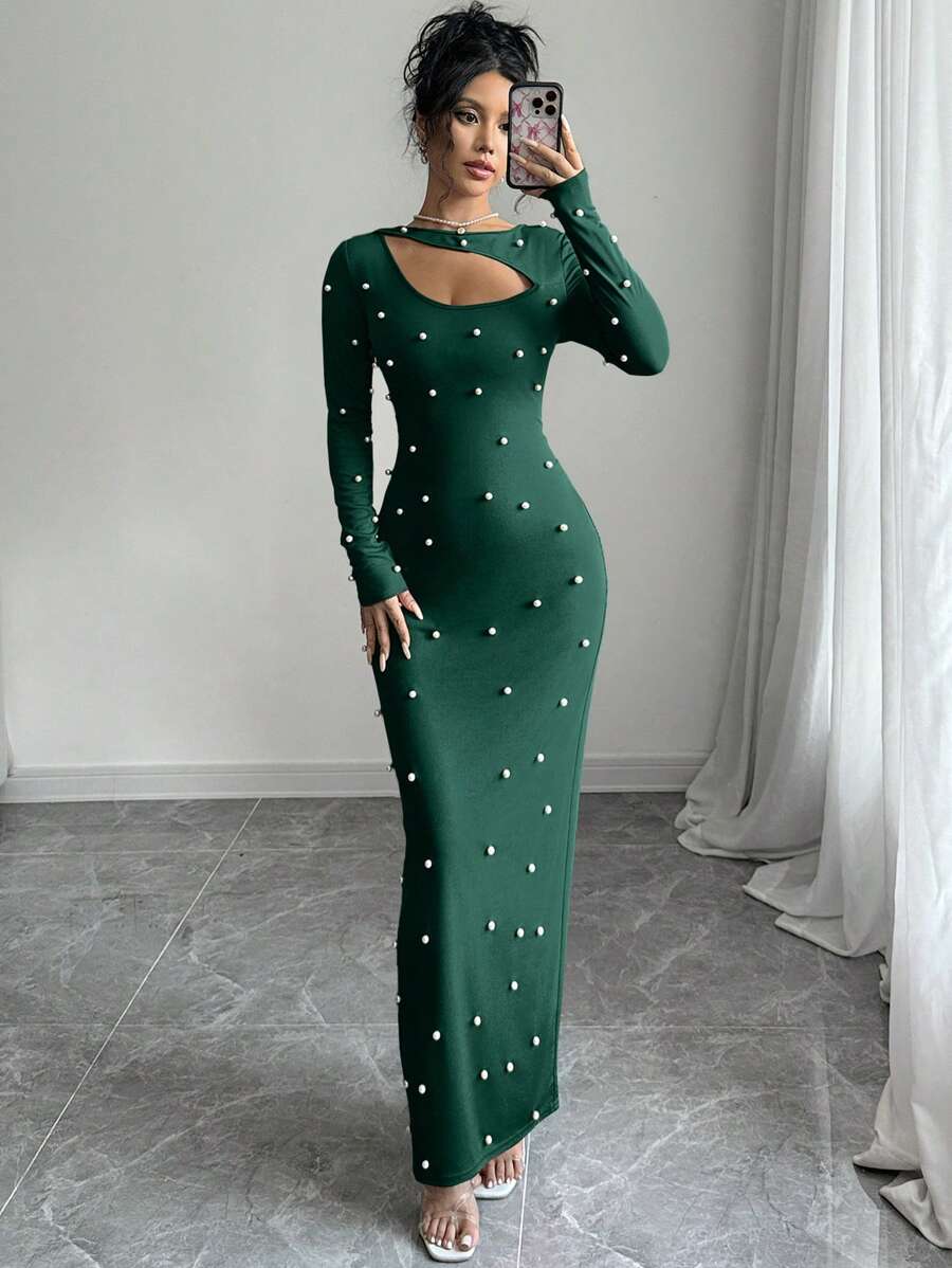 Elenzga Vestido de noche de lujo para mujeres con decoración de perlas y calado - Verde Oscuro - Ver 1
