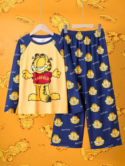 GARFIELD | SHEIN 2pcs Tween Boy Cartoon Print Contrast Color Casual Long Sleeve T-Shirt And All-Over Print Soft Pants Homewear Pajamas Set