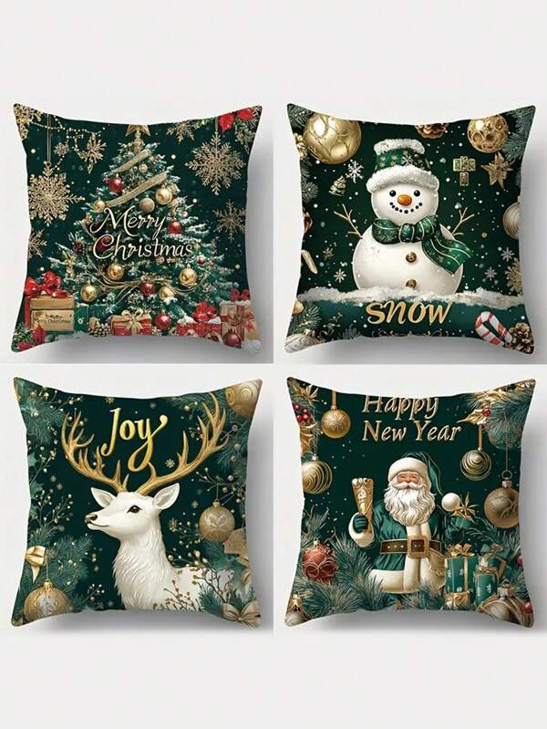 4pcs, Christmas, New Art Creative Green Snowflakes, Santa Claus, Christmas Tree, Snowman, Deer, Decorative Pattern Pillowcase, Waist, 17.72 X 17.72 Inches Pillow Cover, Room Decoration, Office Decoration, Living Room Decoration, Sofa Decoration, Without Pillow Core, Home Decor