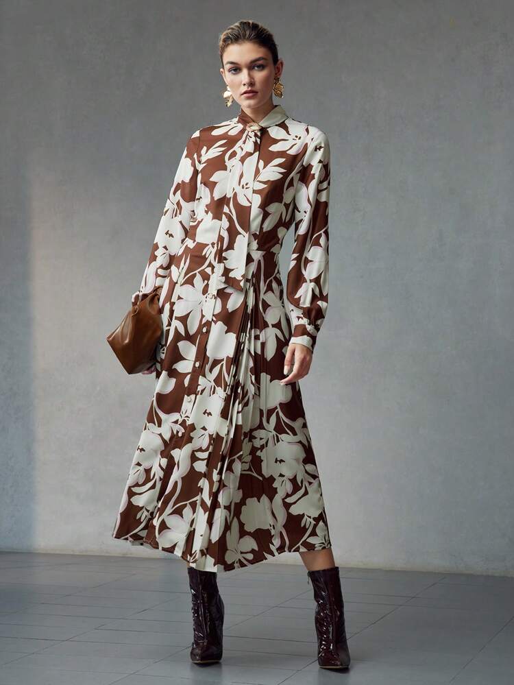 ALLOVER PRINT BUCKLE TIE NECK LANTERN SLEEVE FOLD PLEATED DRESS