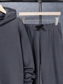 SHEIN Leap Crew 2 件青少年男孩休闲多穿舒适连帽纯色上衣和裤子套装，适合派对、学校、郊游，羊毛衬里，加厚，适合秋冬季 - 深灰色 - 查看 4