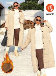 SHEIN EZwear 大码女式中长款灯芯绒拼布加厚外套，适合秋冬季的衣服 - 卡其色 - 查看 1