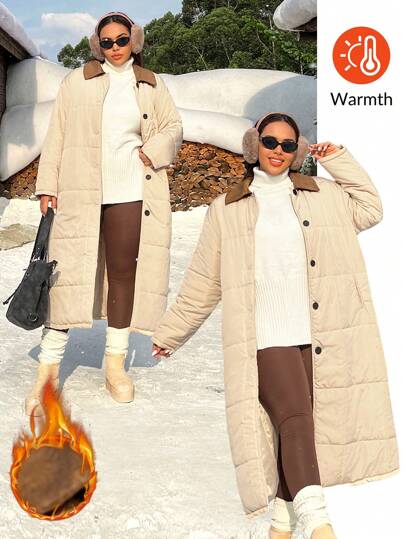 SHEIN EZwear Plus Size Women Mid-Length Corduroy Patchwork Padded Coat, Clothes Suitable For Autumn And Winter