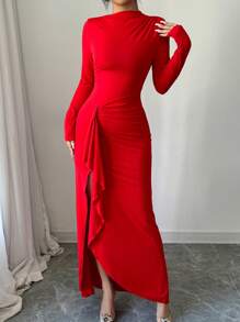 Vestido elegante y encantador para oficina, viajes y fiesta de Navidad, de mangas largas, cuello asimétrico, con cintura entallada y falda midi ajustada. Vestido de punto de un solo color para el atuendo de fin de año de las mujeres - Rojo - Ver 5