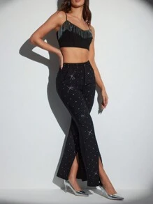 SHEIN X Belinda NO NAME Designer Frauen Glamouröse Hoch Taillierte Hose mit Schlitz und Strass Dekor, für Erntedankfest, Feiertage, Neujahr, Festivals