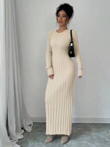 Rafferiza Solid Color Crew Neck Ribbed Long Sleeve Maxi Knit Dress - Apricot - View 4