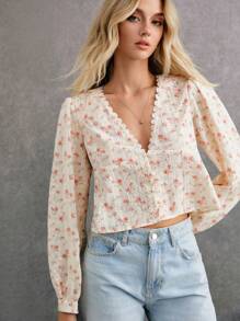 Poéselle 女士 V 领花卉印花长袖蕾丝拼布衬衫冬季女装 Cottagecore 厚重工艺波西米亚风轻松时尚必备 - 彩色 - 查看 7